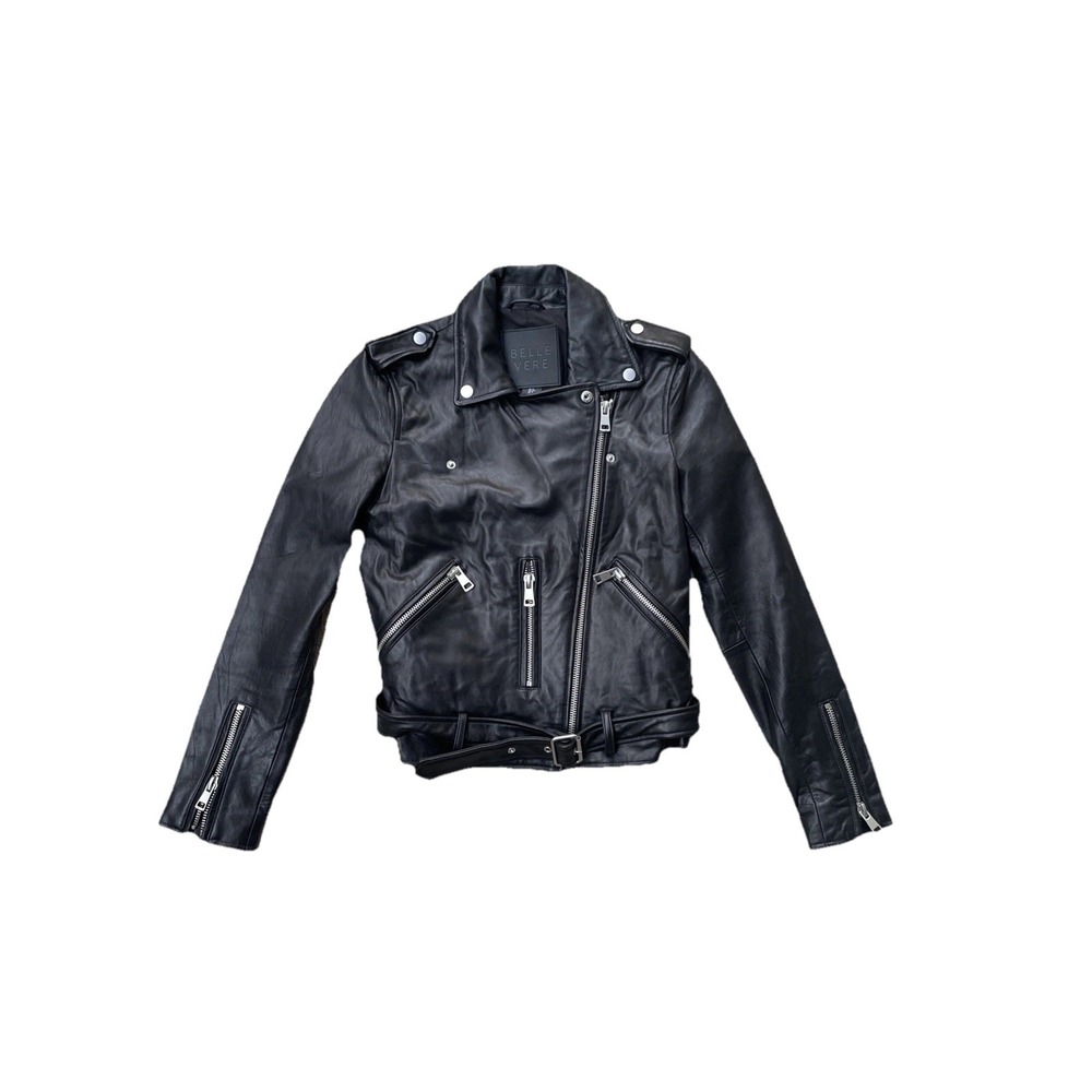 Belle Vere Black Leather Moto Jacket Women's Small Cropped Zip Cuffs Biker